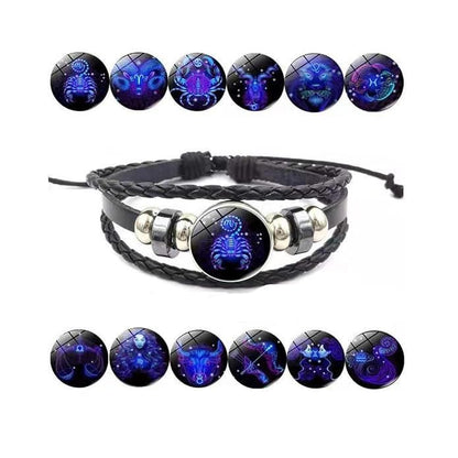 Zodiac Constellation Braided Design Black Leather Bracelet